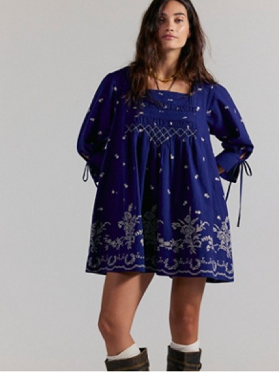 Free People Dresses & Skirts - Free People Navy Blue Embroidered Sonora Printed Mini Dress
